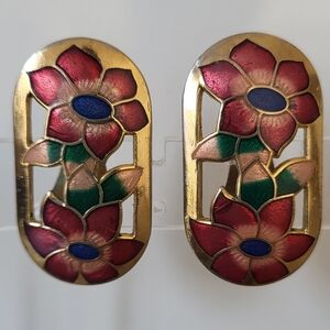 Vintage Cloisonne Floral Enamel Cilp Earrings